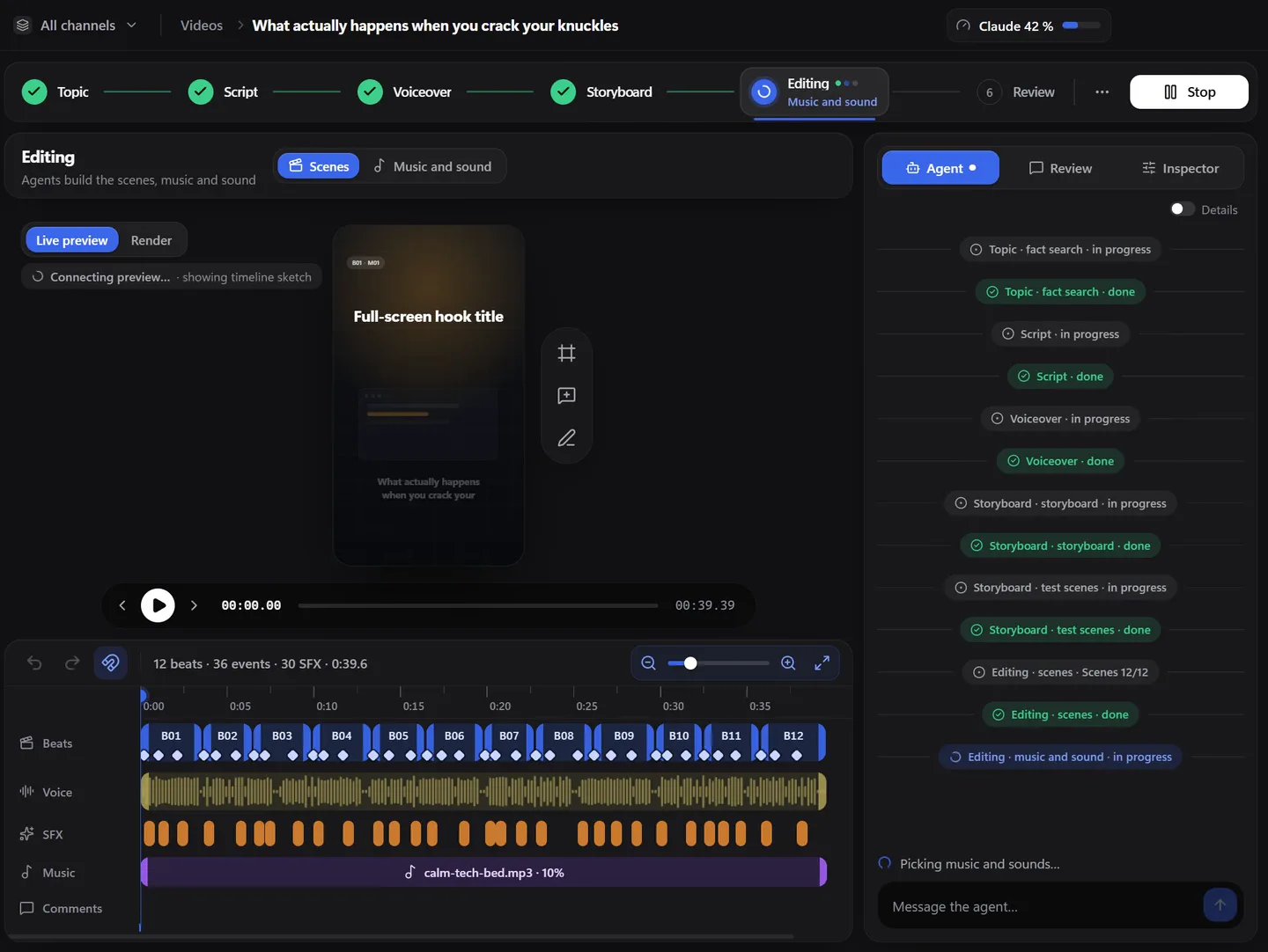 cuttune after “Create and start”: the steps Topic, Script, Voiceover, Storyboard and Editing light up one by one.